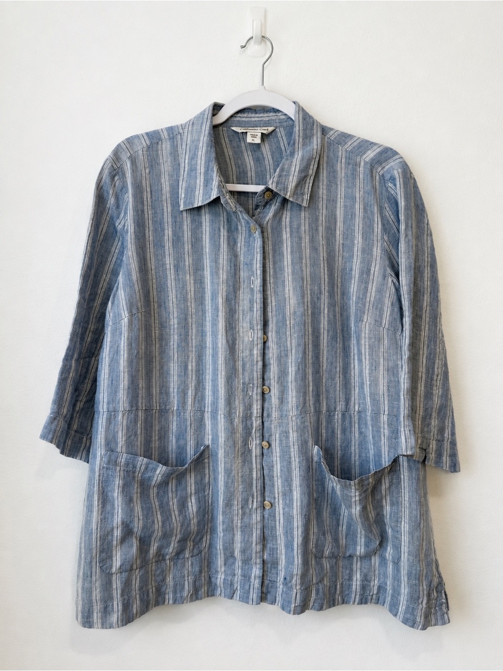 Coldwater Creek 100% Linen Blue Striped Tunic Shirt Jacket w/ Pockets Size PL